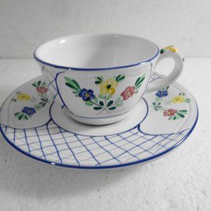 Herend Village Pottery Cup & Saucer Set Trellis Blue Trim Handpainted in Hungary